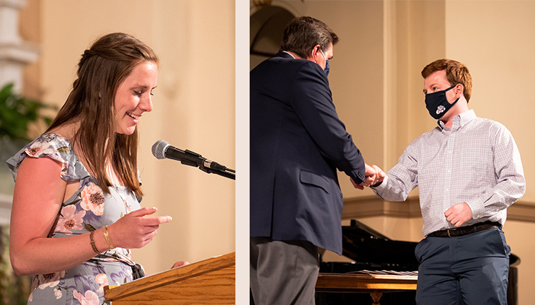 two photos, one of female student speaking, the other of President McCulloh greeting a male student