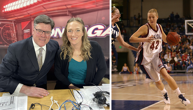 two photos one of 2 announcers one of a woman playing basketball