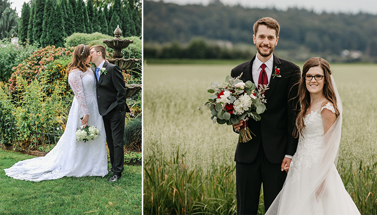 Two photos; Man and woman kissing in wedding outfits, and on the right man and woman pose in field