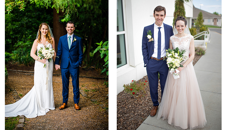 Two photos; on the left a woman and a man pose with flowers in front of trees, and on the right a man and woman pose in front of church