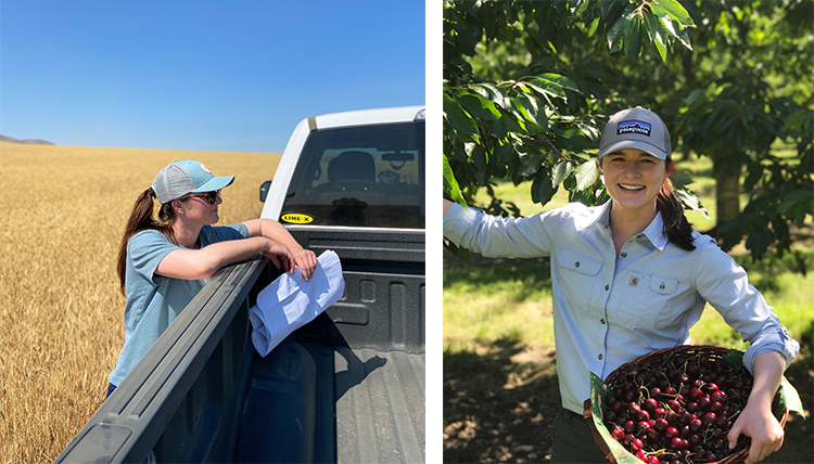 Left: Bridget Gallant poses by a pickup truck in front of wheat fields. Right: Bridget poses with cherries after cherry harvest.