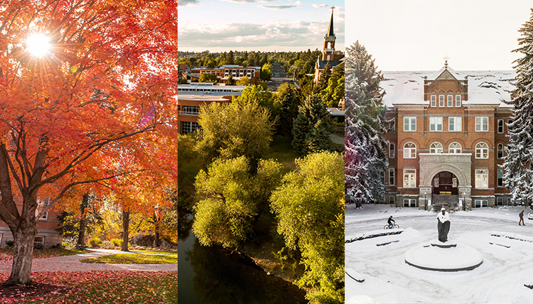 Left fall leaves; middle ariel shot of Gonzaga campus; right College Hall in the snow