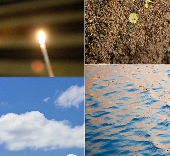 separate images of flame ground sky and water