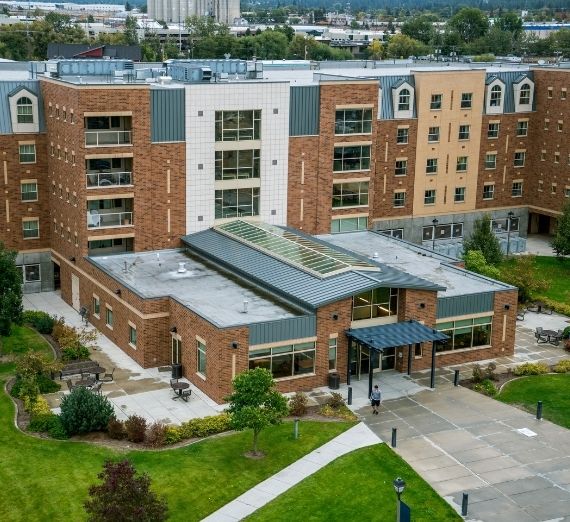 A drone shot of Coughlin Hall