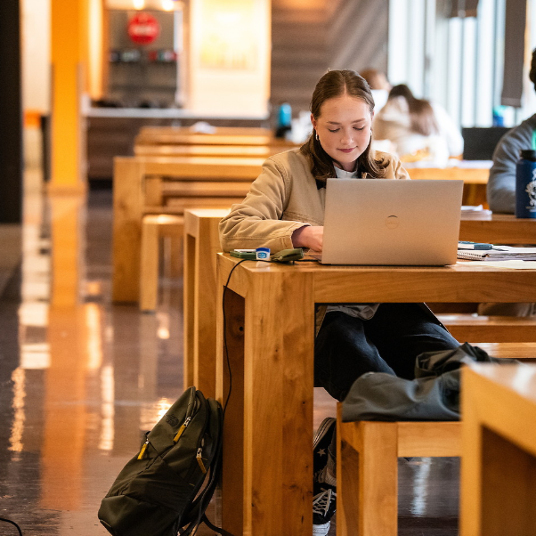 Girl in beige sweater sitting at a long wooden table in the Gonzaga Hemmingson Center. The student is sitting with her silver laptop open and a black backpack to the left of her feet. She is smiling as she works and has brunette hair.