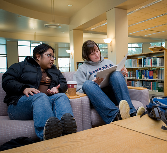 Two students sit and compare notes in chairs at the library. 