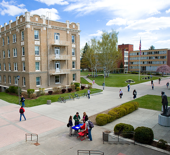 An aerial view of the central part of campus, including DeSmet Hall and Welch Hall.