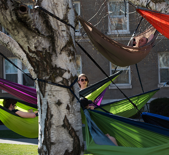 Students sit in hammocks hung between trees on campus on a beautiful sunny day.