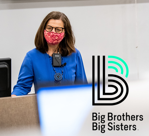 woman at front of classroom and logo for Big Brothers Big Sisters
