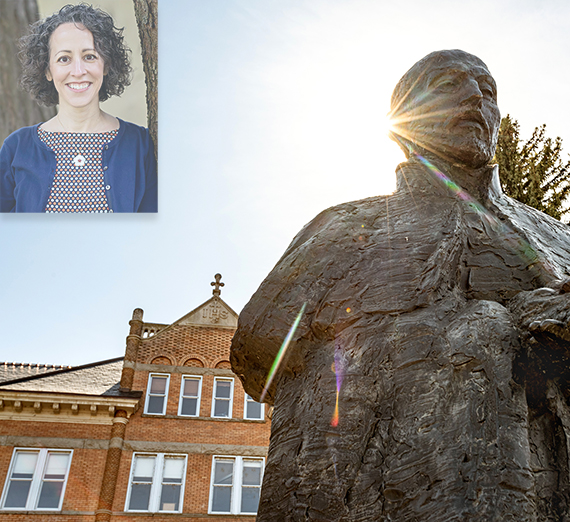 photo of ignatius statue with inset of female author