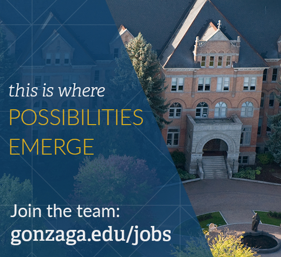 Gonzaga college hall with overlay of text reading this is where possibilities emerge