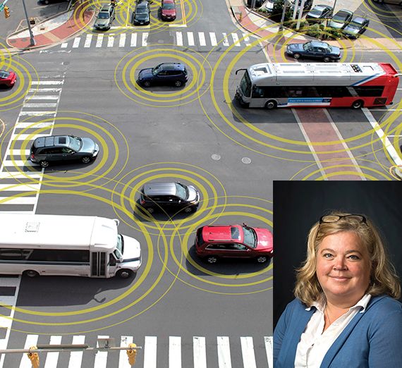 In the foreground, a portrait of a smiling woman. In the background, an image of a parking lot with cars surrounded by yellow, sensor-like circles.