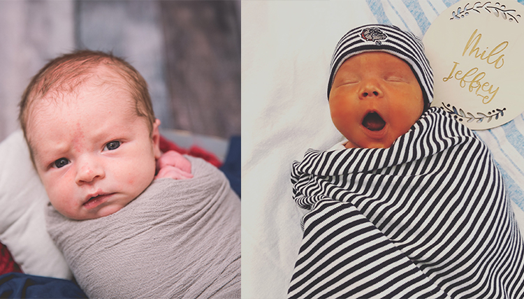 Above, left, baby wrapped in grey blanket; Above, right, yawning baby wrapped in striped blanket wearing a striped hat.