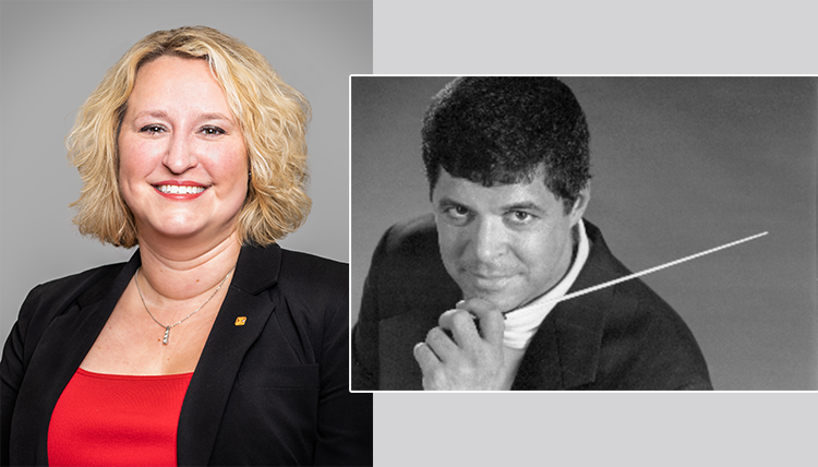 Left; headshot of a smiling blonde woman; right; black and white photo of man posing with a composing stick.