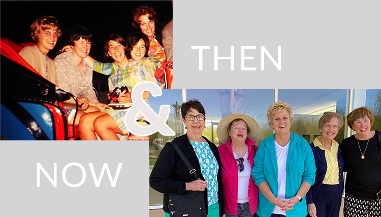 Five women in a then and now photo showing them when they attended Gonzaga and what they look like now.
