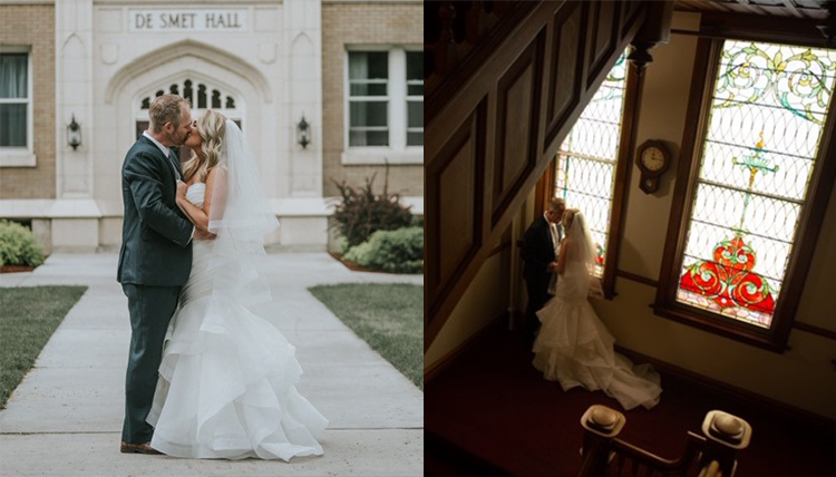 Above, left: bride and groom kiss in front of Desmet Hall; Above, right: bride and groom kiss on a stairwell. 