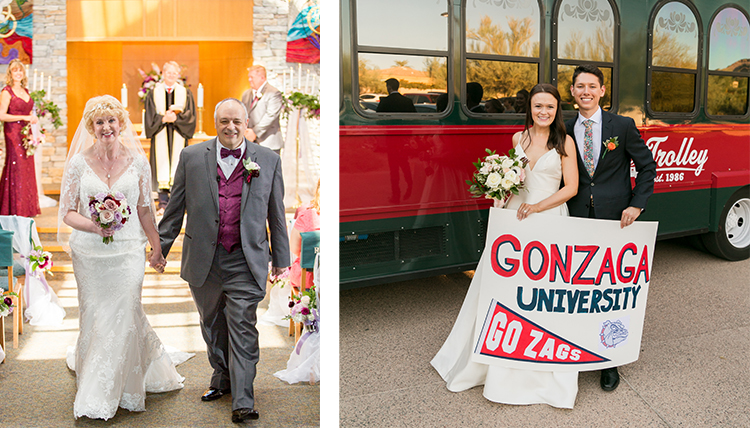 Above, left: two people walk down the aisle holding hands; Above, right: two people pose with a Gonzaga poster. 