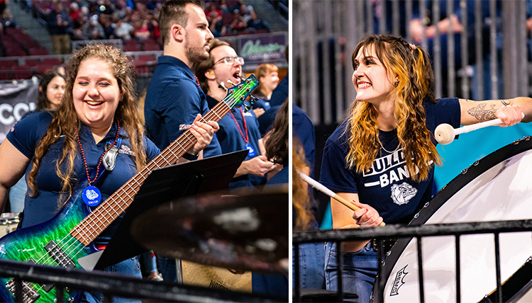 Student playing electric bass and student playing drums