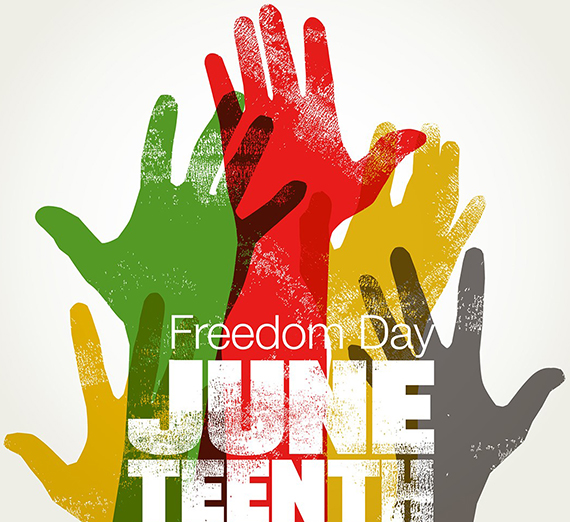 Several multi-colored hands reach toward the sky with a message stating Juneteenth Freedom Day