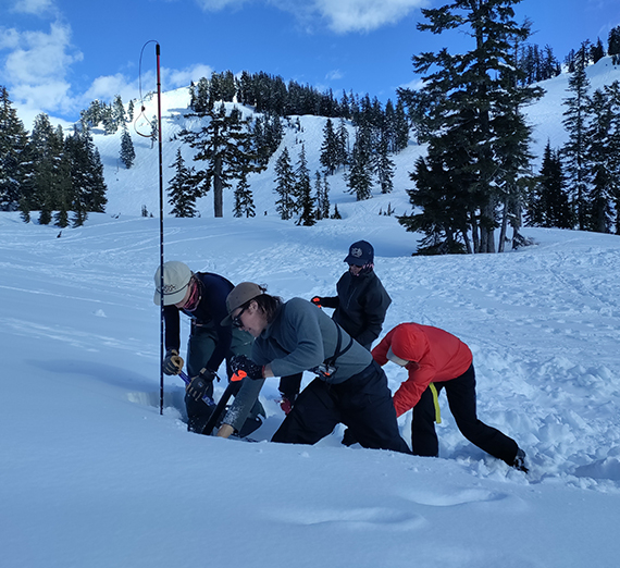4 individuals in snow on a mountain with a measuring stick
