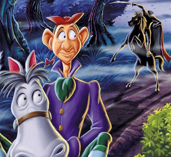 An animated image from Disney's The Legend of Sleepy Hollow with Ichabod Crane looking over his shoulder at the Headless Horseman