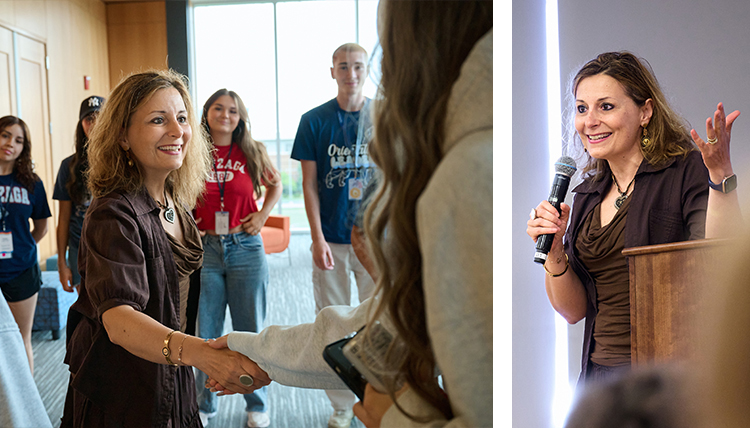 two images of woman leader speaking with students