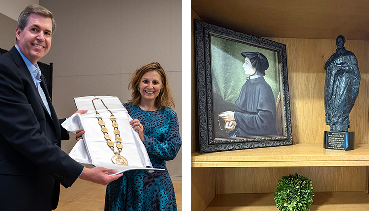 two separate images, one of man presenting chain and one of a bookshelt