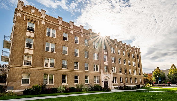 desmet hall backlit by sun