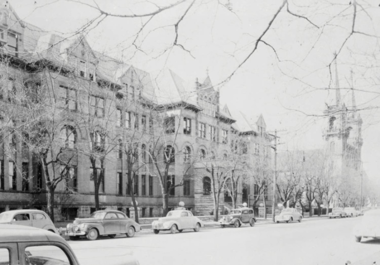 View of Boone Avenue with the Administration Building and Saint Aloysius Church (1949)
