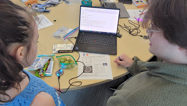 Elementary school student with a college student working on a light project