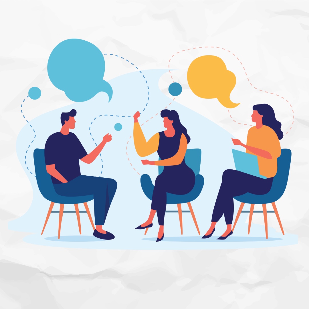 Cartoon people sit and chat 