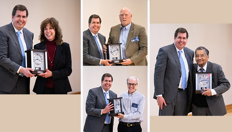 collage of individuals receiving clock from president