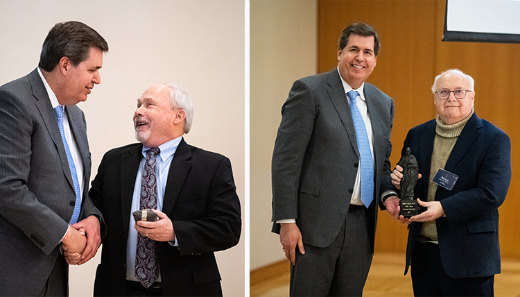 two individual photos of awardees with president