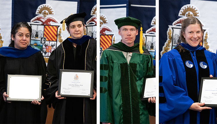 three separate photos of four faculty members with awards