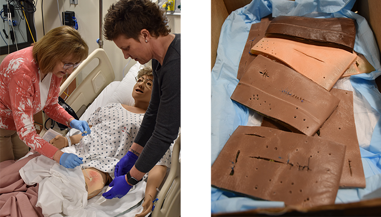 2 images show practice with wound care and fake skin pads for suturing