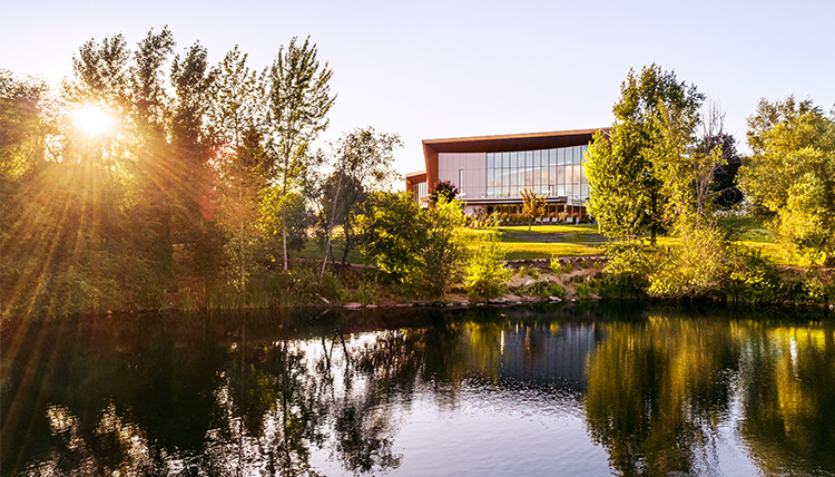 Woldson Performing Arts Center as viewed from across Lake Arthur