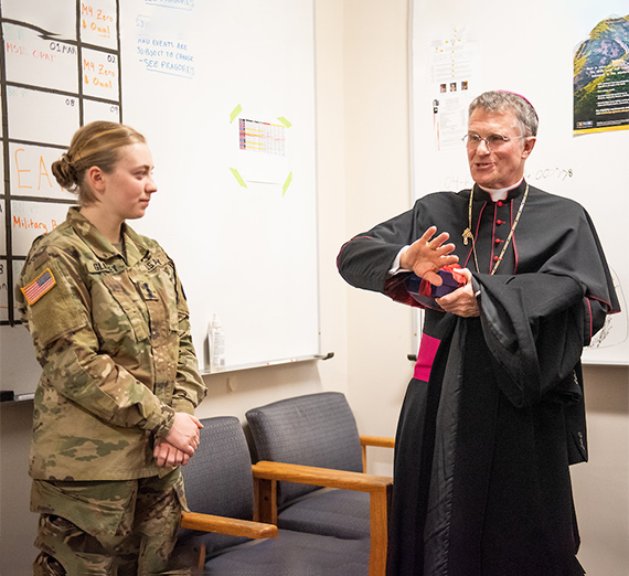 Archbishop Broglio visits with cadets in ROTC