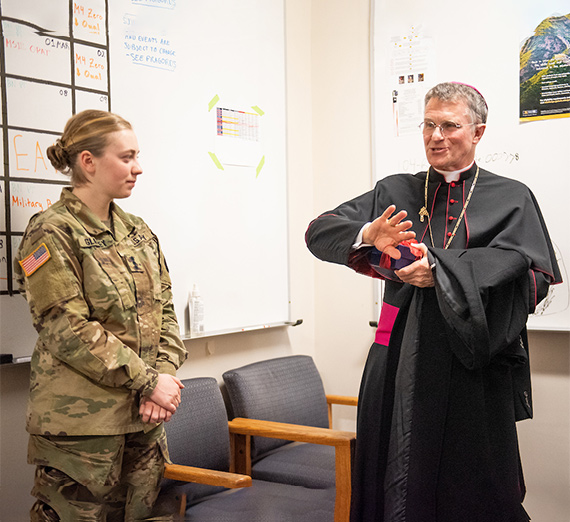 Archbishop Broglio visits with cadets in ROTC 