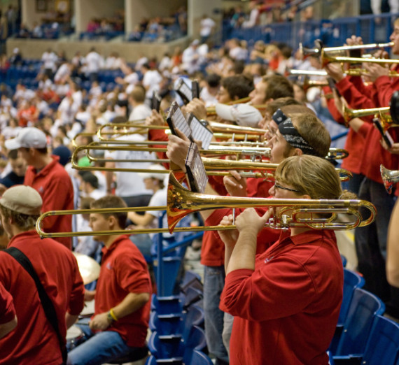 Bulldog band plays during mens basketball game