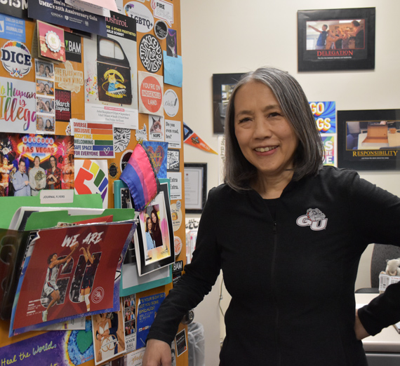 Joanne Shiosaki in her fourth flour college hall corner office where she has worked for thirty years.