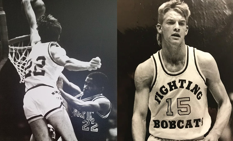 Kral Ferch (left) dunks the basketball, Shann Ferch (right) dribbles the basketball