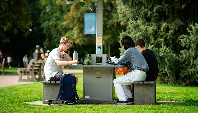 Three students sitting and studying outdoor