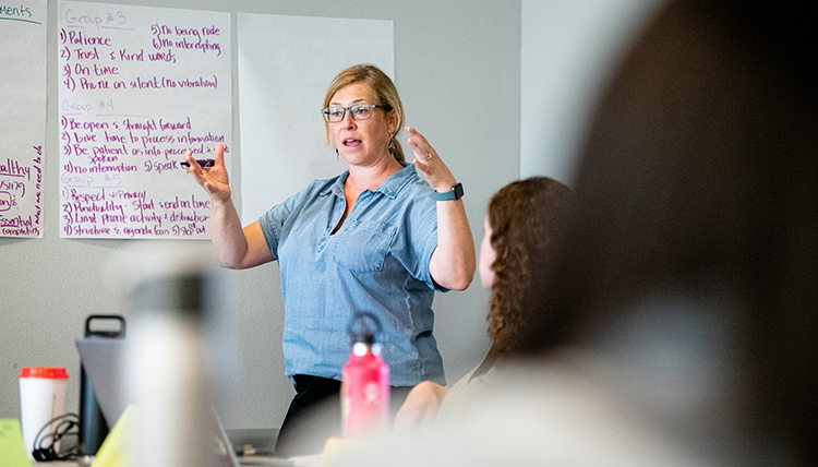 Teacher at front of classroom.