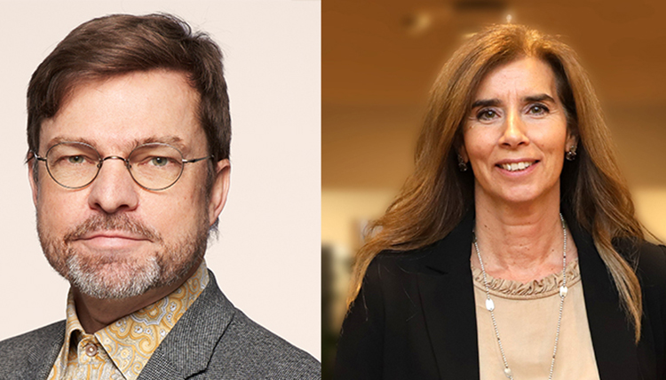 A photo of a bearded man with glasses and woman with long hair