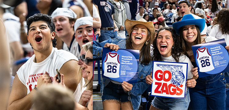 Collage of students cheering at a basketball game. 