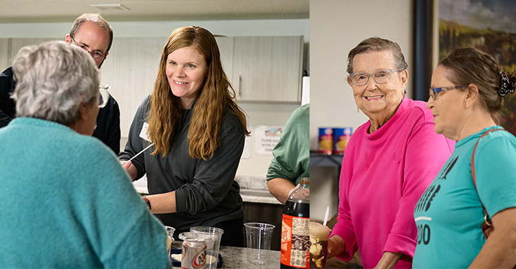 Gonzaga volunteers and community members share smiles and conversation during a service event, with one group serving drinks and another enjoying snacks and fellowship.