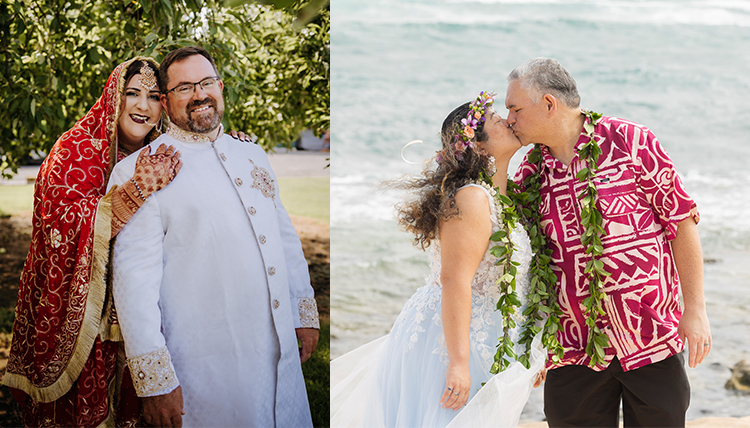 Two people at their weddings side by side.