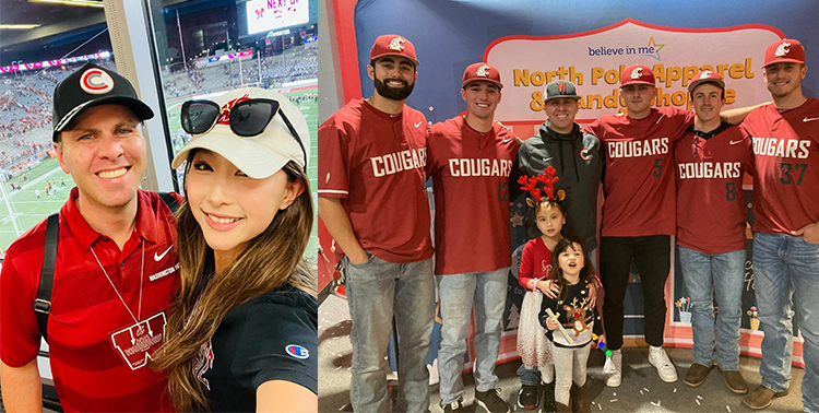 A man with his wife and the same man standing with a bunch of baseball players.