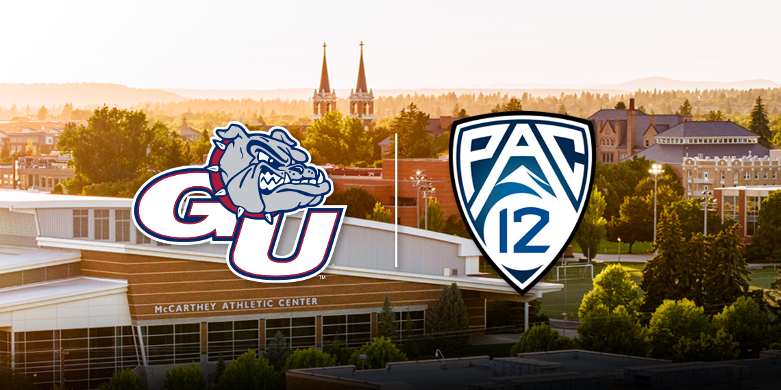 GU bulldog head logo and Pac-12 logo side-by-side over a photo of the Gonzaga University campus at sunset.