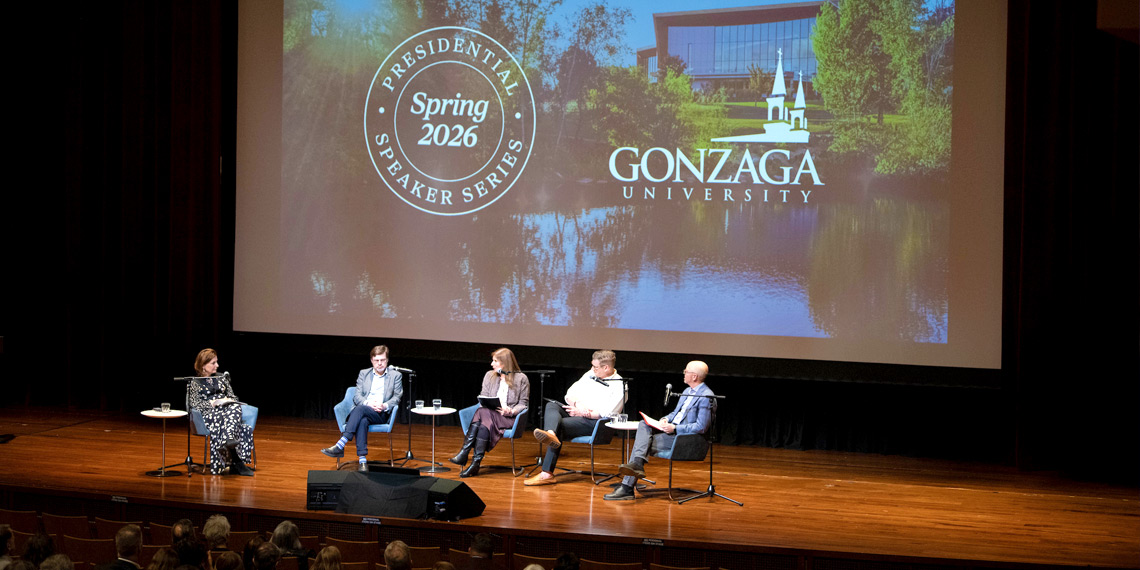 Gonzaga ������̳ President Katia Passerini on stage with panelists for the 2026 Presidential Speaker Series Event "Caring for our Common Home: Turning Local Action into Global Impact." Panelists shown are Dr. Wayne Visser, Isabel Braga da Cruz, Jim Simon, and Dr. Brian Henning.